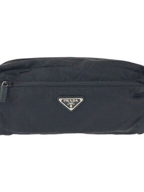 Prada Tessuto Saffiano Black Silver Nylon Leather Clutch